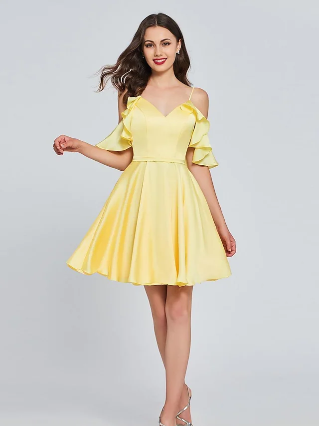 A-Linie, minimalistisch, sexy, Verlobungs-, Cocktail-Partykleid, V-Ausschnitt, ärmellos, knielang, Satin mit Falten